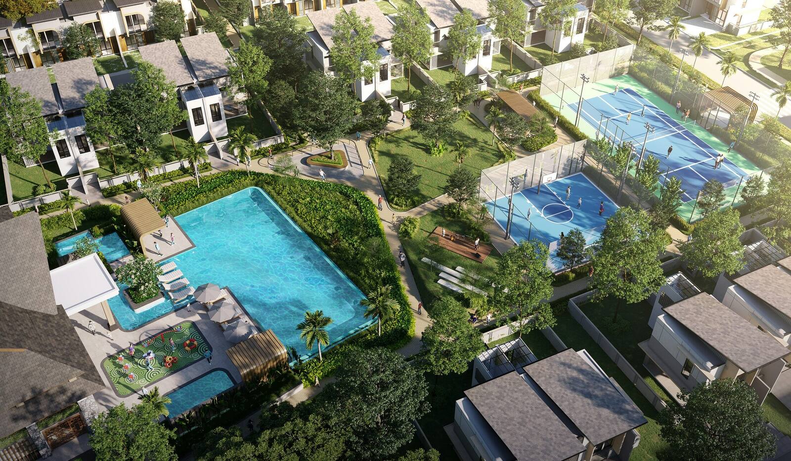 An amenity-rich residential community with pools, courts and gathering spaces
